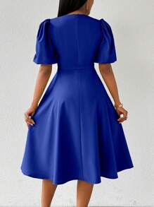 Lunelith SHEIN Lunessa 女式绿色圆领泡泡袖 A 字长裙，春夏 - 寶藍色 - 查看 2