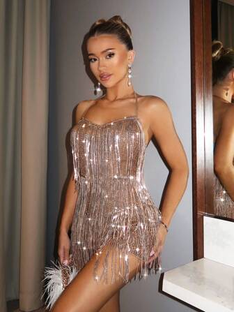 SHEIN BAE Mono elegante con lentejuelas y flecos para mujer, estilo Y2K brillante y sexy con espalda descubierta, adecuado para fiestas en discotecas, citas diarias y uso casual en otoño