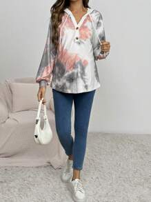 SHEIN Sudadera con capucha de media plackett abotonada, cordón y detalles acanalados con mangas raglán, para mujeres en otoño e invierno