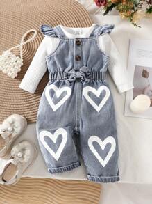 SHEIN Vintaside Kids Baby Girl Round Neck Solid Color Casual Long Sleeve Top And Heart Pattern Bowknot & Ruffle Trim Overalls Set - Blue - View 9