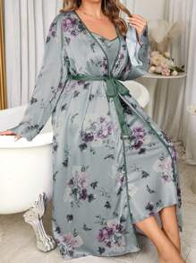SHEIN MuseNap CURVE Plus Size Faux Silk Floral Print Sleeveless Nightgown And Robe Set, Fall Winter Clothes - Multicolor - View 3