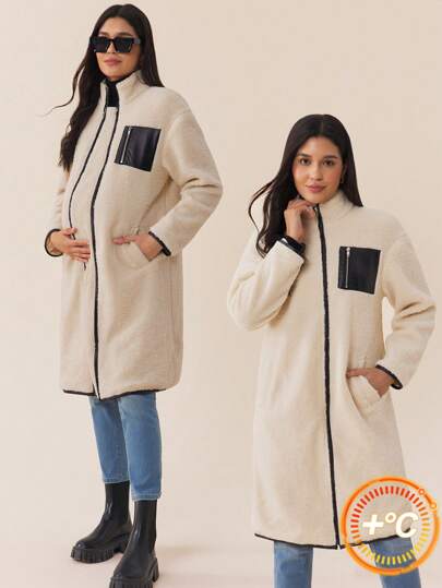 SHEIN 孕妇泰迪羊毛夹克，立领双拉链撞色口袋装饰孕妇外套和外衣，长袖针织保暖夹克，适合冬季