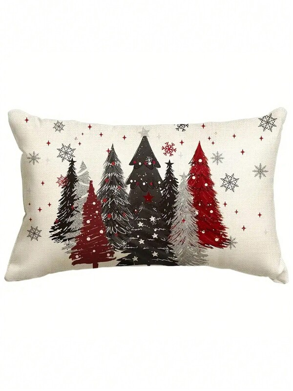 Country-Rustic Linen Throw Pillow Cover, 12x20 Inch, Winter Holiday Cushioned Case With Christmas Trees And Snowflakes Design, Machine Washable, Zippered Closure For Various Room, Home Decor