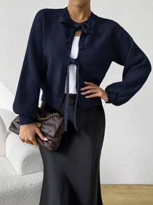 SHEIN Essnce 女士秋冬毛衣 休闲前系带女士开衫 开衫 秋季毛衣 - 藏蓝色 - 查看 2