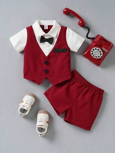 SHEIN Baby Boy Contrast Collar Bow Front 2 In 1 Shirt & Shorts
