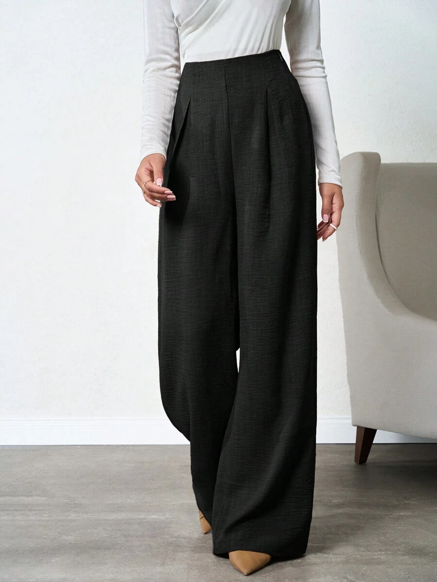 SHEIN 100%Cotton Plus Women's Linen Beige Wide Leg Pants - Black - View 1