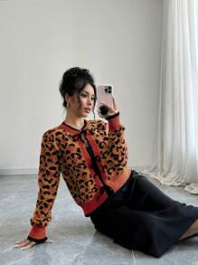 SHEIN Unity 女士豹纹蝴蝶结正面开衫 - 橘色 - 查看 5