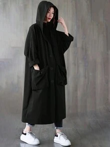 女士休闲/通勤纯色宽松口袋连帽长袖夹克 - 黑色 - 查看 5