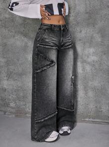 SHEIN ICON Quần Jeans Ống Rộng Lưng Thấp Phong Cách Đường Phố Cho Nữ Màu Đen - màu đen - Xem 6