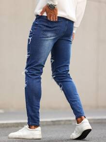 Manfinity LEGND Jeans ajustados de mezclilla para hombre con bolsillo y rotos, vaqueros largos ajustados de color azul oscuro liso deshilachado, regalo para esposo o novio