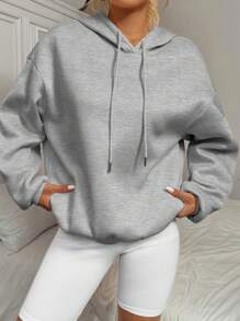 SHEIN EZwear Casual Vintage Car Graphic Print Loose Fit Hoodie Sweatshirt For Women, Suitable For Autumn/Winter - Light Grey - View 2