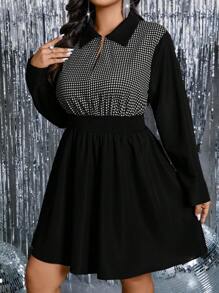 SHEIN Clasi Plus Size Women's Patchwork Houndstooth Print Long Sleeve Elegant Dress, Autumn/Winter