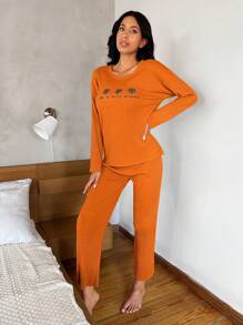 RueChic Floral And Slogan Graphic Ribbed Knit Tee & Pants Lounge Set - Orange - View 3