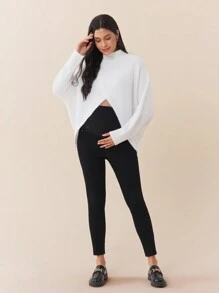 SHEIN Women Turtleneck Long Sleeve Crossed Hem Pullover Sweater Dress, Solid Color, Suitable For Pregnancy, Autumn/Winter, For Maternity - White - View 4