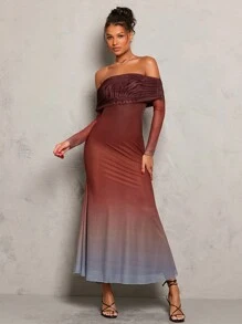 Glamine 修身渐变色网眼露肩连衣裙，优雅性感女士夏季长裙