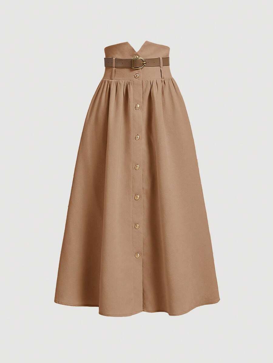 SHEIN MOD Falda de cintura alta color albaricoque con hebilla metálica y cinturón - Caqui - Ver 1