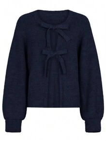 SHEIN Essnce 女士秋冬毛衣 休闲前系带女士开衫 开衫 秋季毛衣 - 藏蓝色 - 查看 8