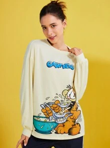 GARFIELD | SHEIN 女士休闲可爱卡通字母印花落肩宽松长袖 T 恤 - 杏色 - 查看 3