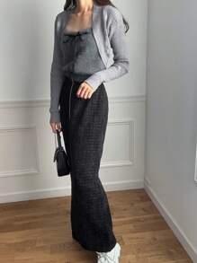FRIFUL 2pcs Women Solid Color Long Sleeve Cardigan And Bow Decor Camisole Knit Top Set, Autumn/Winter