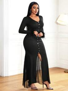 Zolique Women Elegant Patchwork Feather Cuff Split Hem Dress, Autumn Fall Cloth For Women - Black - View 4