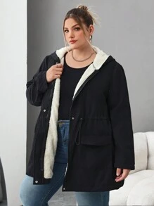SHEIN CURVE+ Plus Drawstring Waist Dual Pocket Teddy Lined Hooded Coat, For Winter Fall Autumn