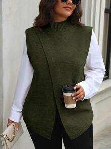 Plus Size Women Solid Color Round Neck Split Hem Sweater Vest, Autumn/Winter Fall - Army Green - View 1