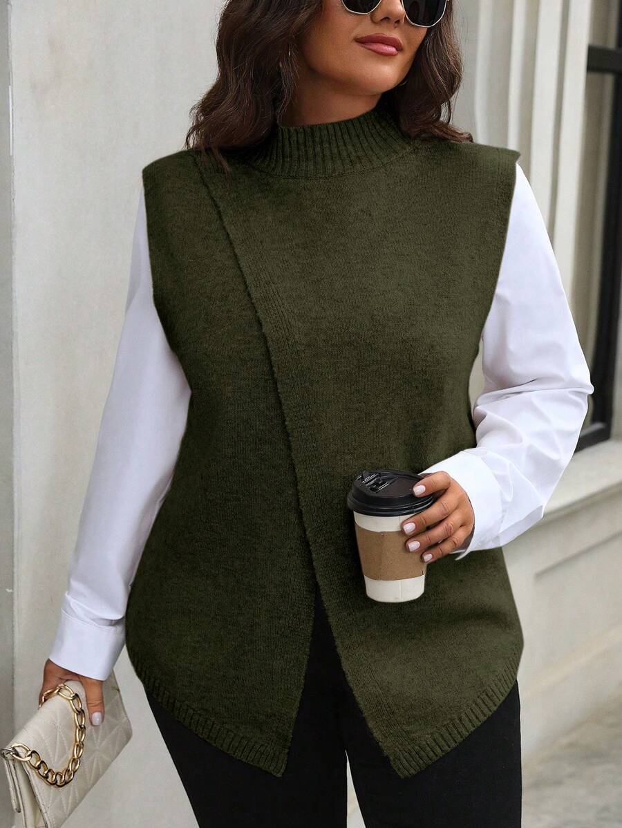 Plus Size Women Solid Color Round Neck Split Hem Sweater Vest, Autumn/Winter Fall - Army Green - View 1