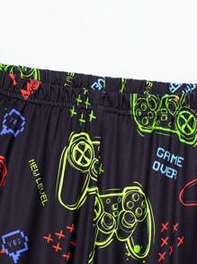 2pcs Snug Fit Teen Boys Casual Game Controller Glow In The Dark Print Long Sleeve Top And Pants Loungewear Set