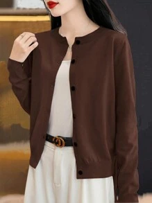 EMERY ROSE Women Simple Casual Elegant Solid Color Front Button Cardigan, Autumn/Winter Fall Cloth For Women - Coffee Brown - View 6