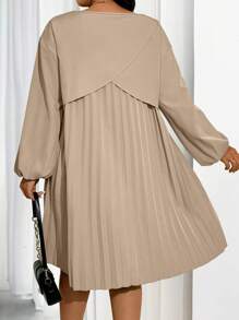 Calvaya 大码女士休闲纯色落肩宽松灯笼袖褶皱后背连衣裙，春秋季 - 卡其色 - 查看 5