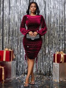 SHEIN Lady Birthday Party Christmas Party&New Year Party Dresses Women's Midi Dress Sparkling Velvet Sequins Burgundy Diamond-Embellished Smocked Balloon-Sleeve Miniskirt & Burgundy Skirt Princess Women Dress Elegant Dress Christmas Women Dress Sexy Dress Fall Women Clothes Dress Red Long Sleeve Dress Homecoming Dresses