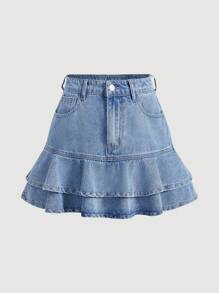 SHEIN EZwear Women's Casual Sweet Denim Mini Skirt With Bowknot Accent & Ruffle Hem, High Waist, Blue