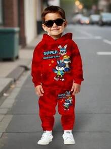 SHEIN Leap Crew Bộ 2 áo hoodie in hình thỏ bóng rổ dáng rộng đơn giản, thoải mái, phong cách, mát mẻ, phù hợp cho bé trai mùa thu đông, trang phục dạo phố màu đỏ, trang phục dạo phố cho bé trai - Nhiều màu - Xem 2