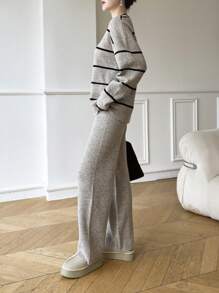 Mulvari Ensemble femme 2 pièces: Top à manches longues col rond imprimé rayures et pantalon couleur unie, ensemble tricoté 2 pièces