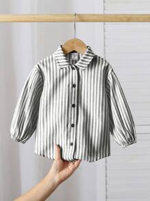 SHEIN LMoss Kids Áo sơ mi dài tay rộng rãi cổ bẻ kẻ sọc dệt LMoss Young Girl Young Girl - màu đen - Xem 3