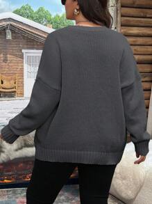 SHEIN LUNE Áo len rộng rãi, giản dị, dáng rộng, cỡ lớn, mùa thu/đông - Màu xám đen - Xem 2