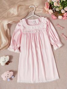 Young Girls Light Pink Minimalist Lovely Knitted Round Neck Contrast Lace Nightgown Loungewear - Baby Pink - View 6