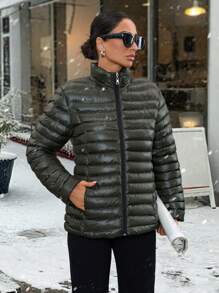 EURMUSE Petite Women's Warm Zip-Up Stand Collar Cotton Padded Coat For Winter - Khaki - View 3