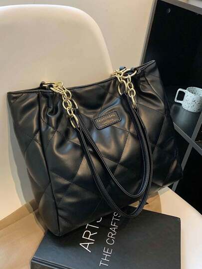 絎縫鏈條和字母拼貼裝飾單肩手提包適合青少年女孩女大學生、新秀和白領，非常適合辦公室、工作、商務、通勤 最佳女式工作包