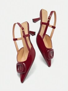 CUCCOO BIZCHIC 女士方形扣尖头封闭式后带高跟鞋，简约舒适的一脚蹬小猫跟鞋，性感通勤、派对、圣诞节活动、2024 年秋冬，酒红色，适合圣诞节和新年假期氛围秋冬 - 酒紅色 - 查看 5