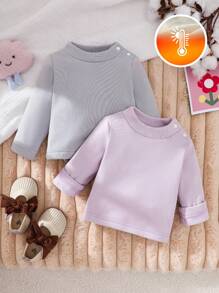 SHEIN 2pcs/Set Infant Baby Girls Casual Solid Color Thickened Warm All-Match Tops, Fashion Simple Style For Autumn/Winter - Multicolor - View 1