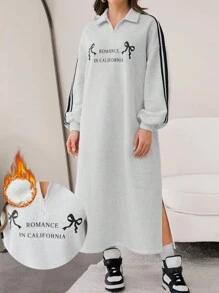 Mulvari Women's Autumn/Winter Casual Color Block Striped Letter Print Side Slit Long Hooded Sweatshirt Dress - Light Grey - View 1