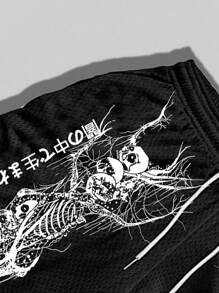 ROMWE MEN Anime Men's Gothic Skeleton Printed Sports Basketball Shorts, 2 In 1 Design, Suitable For Daily Wear, Spring And Summer, School, Halloween - Black and White - View 8