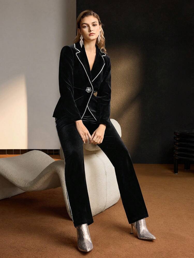 MOTF Soiréza VELVET LAPEL COLLAR FAUX PEARL TRIM RUCHED BLAZER