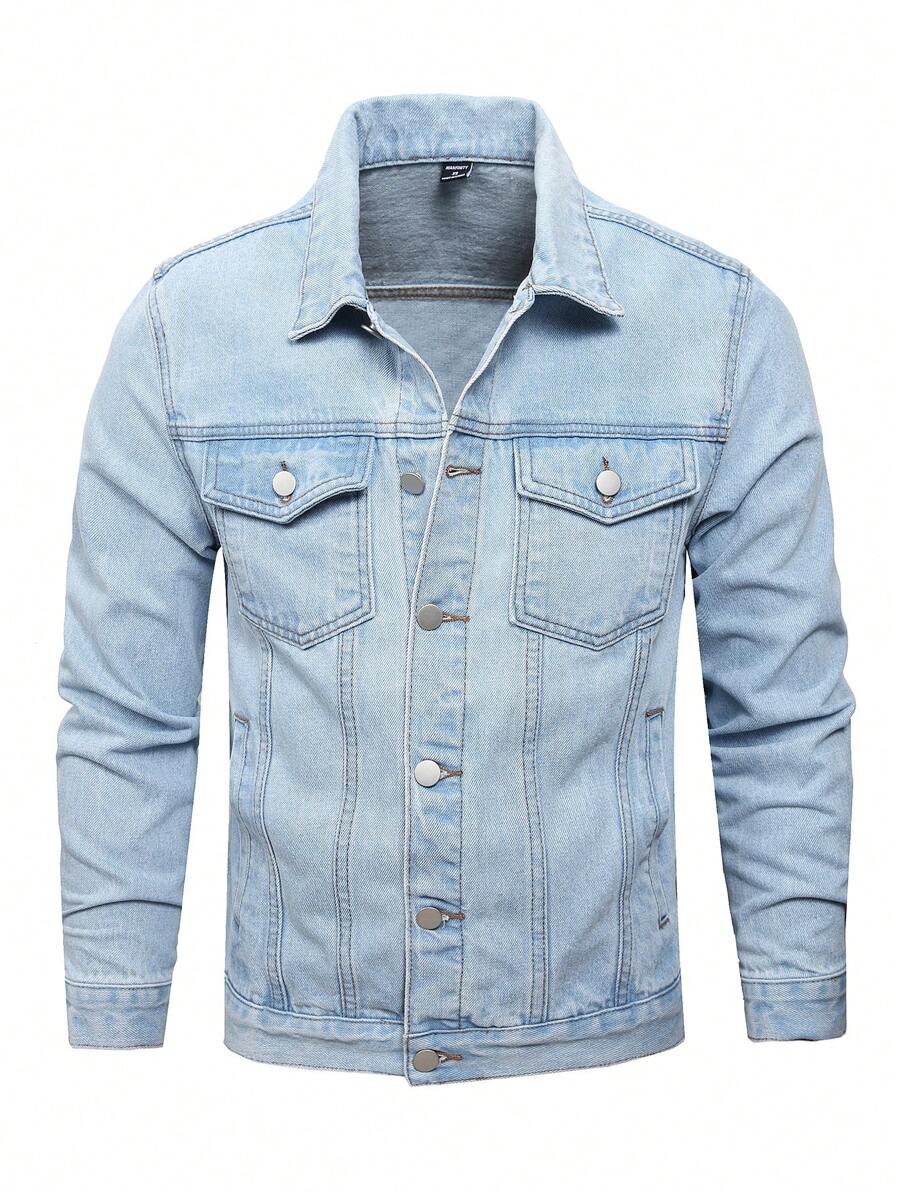 Manfinity Homme Men's Front Button Long Sleeve Pocket Casual Denim Jacket - Light Wash - View 1