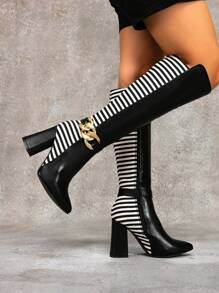 CUCCOO SZL 1 Pair Women's New Pointy Toe Block Heel Splice Striped Black Side Zipper High Boots, Autumn/Winter New Year Holiday - Black - View 2