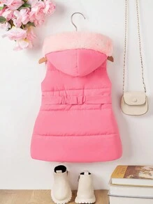 SHEIN 2pcs Baby Girls Hooded Sleeveless Belted Vest Outfit, Thick Warm Fashion Minimalist Style, New Autumn Winter Collection 2024