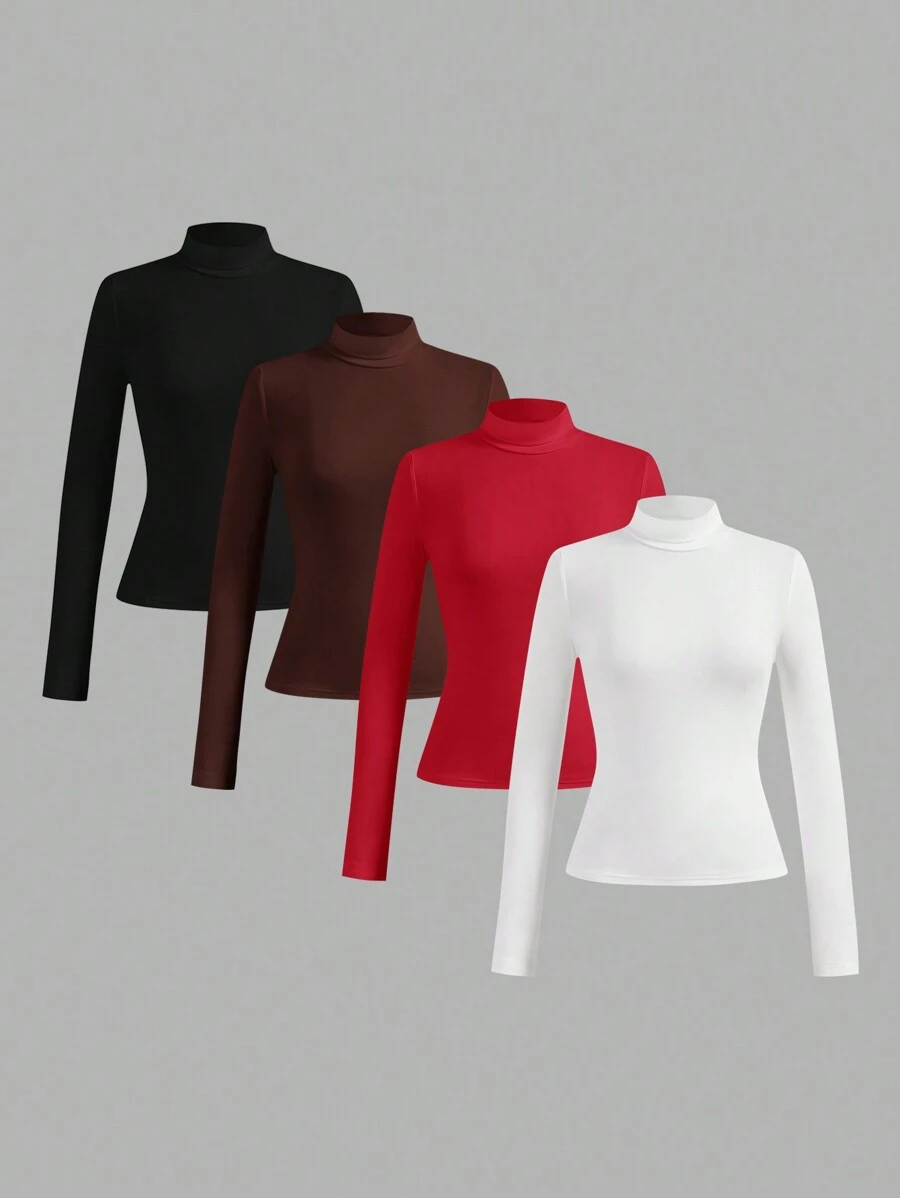 SHEIN Essnce 4 件套休闲简约高领长袖修身女式 T 恤，适合秋冬季 - 彩色 - 查看 1
