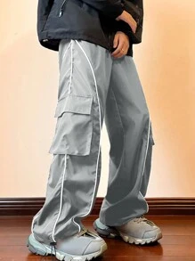 Manfinity Hypemode 男式宽松字母拼接细节撞色滚边翻盖口袋侧边工装裤 - 淺灰色 - 查看 4