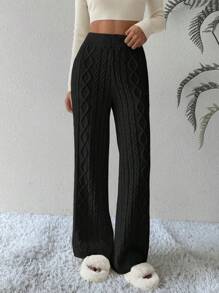 Chiquease Quần dệt kim ống rộng họa tiết thường ngày cho nữ - màu đen - Xem 5